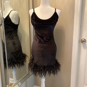 Black Velvet Faux Feather Bodycon Dress